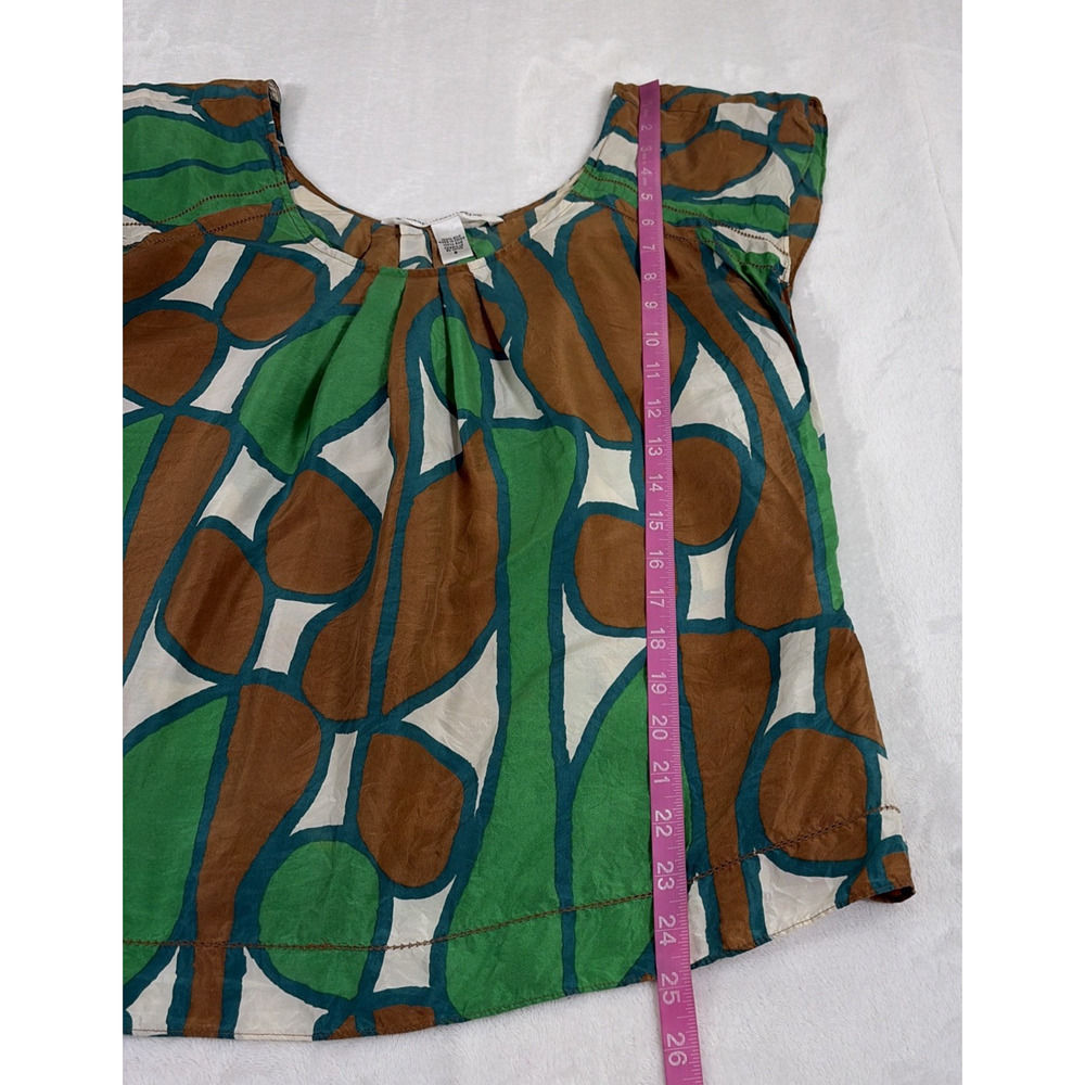 DIANE von FURSTENBERG 100% Silk Geometric Blouse Green Brown White Size 6 Chrty - Picture 3 of 9